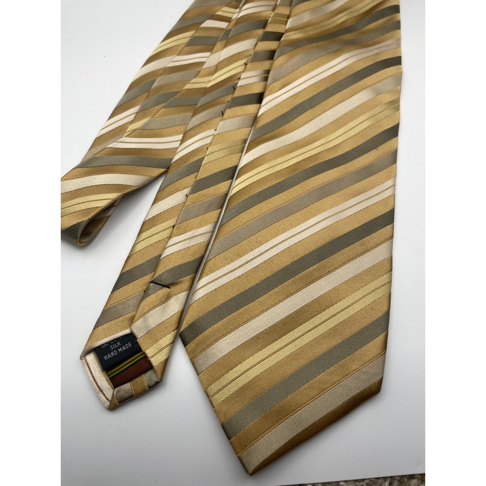 BCBG Attitude Mens Silk Tie Gold Tan Cream Olive Diagonal Striped Hand Made